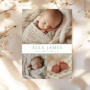 Modern Dark Sage Green Photo Collage Baby Birth Announcement
