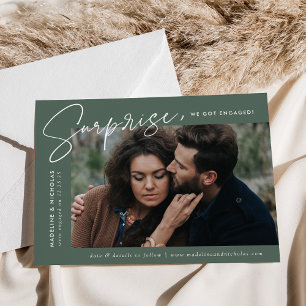 Modern Dark Sage Green Surprise Photo Engagement Announcement