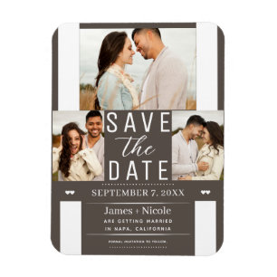 Modern Dark Taupe Save the Date 3 Photo Wedding Magnet