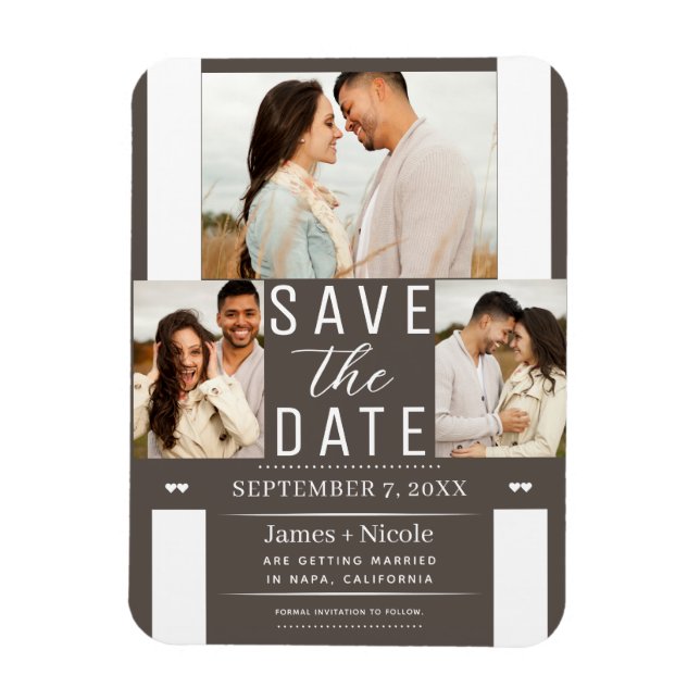 Modern Dark Taupe Save the Date 3 Photo Wedding  Magnet (Vertical)