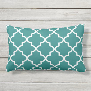 Modern Dark Teal and White Moroccan Quatrefoil Outdoor Cushion