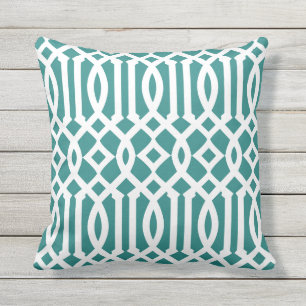 Modern Dark Teal and White Trellis Pattern Outdoor Cushion