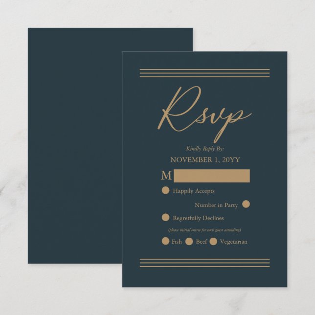 Modern Dark Teal| Antique Gold Minimalist RSVP (Front/Back)