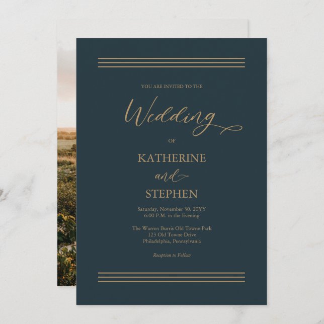 Modern Dark Teal |Antique Gold Minimalist Wedding Invitation (Front/Back)