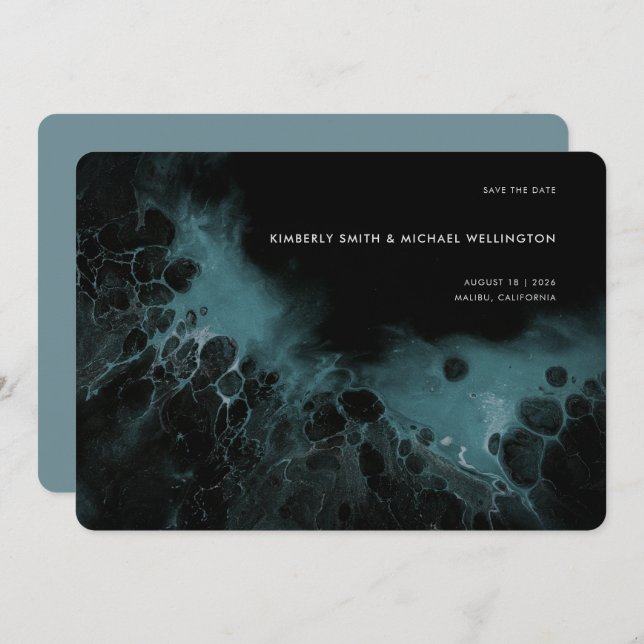 Modern Dark Teal Black Moody Fluid Art Wedding Save The Date (Front/Back)