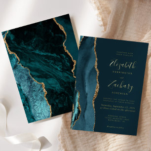 Modern Dark Teal Blue Gold Agate Wedding