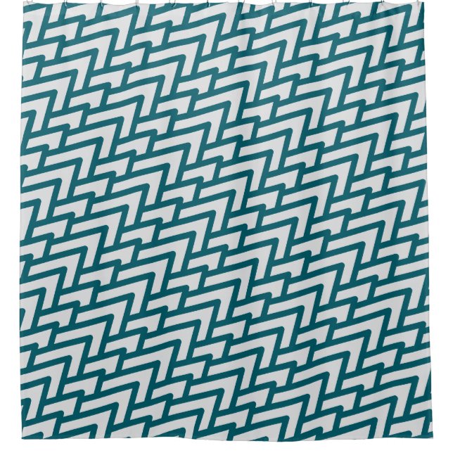 Modern Dark Teal Geometric Pattern on Light Grey Shower Curtain (Front)