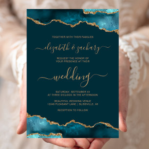 Modern Dark Teal Gold Agate Script Wedding Invitation