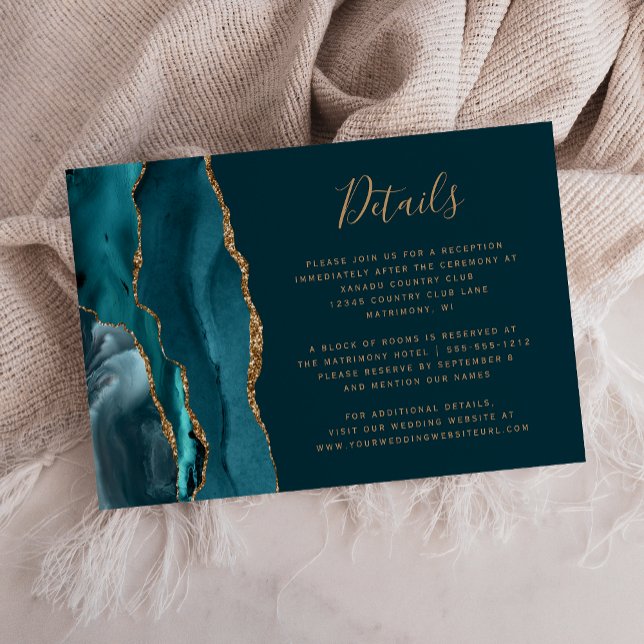 Modern Dark Teal Gold Agate Wedding Details Enclosure Card (Creator Uploaded)