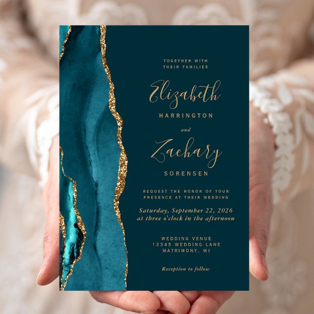 Modern Dark Teal Gold Agate Wedding Invitation (Creator Uploaded)