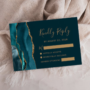 Modern Dark Teal Gold Agate Wedding RSVP Card