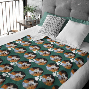 Modern Dark Teal Pet Photo Paw Print Pattern Cute Fleece Blanket