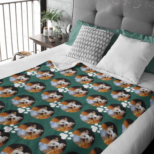 Modern Dark Teal Pet Photo Paw Print Pattern Cute  Fleece Blanket (Creator Uploaded)