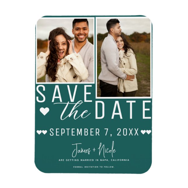 Modern Dark Teal Save the Date 2 Photo Wedding Magnet (Vertical)