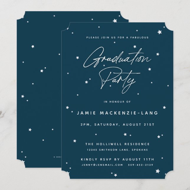 Modern Dark Teal Script and Stars Graduation Party Invitation (Front/Back)