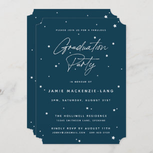 Modern Dark Teal Script and Stars Graduation Party Invitation