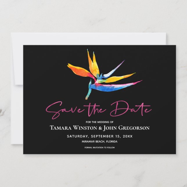 Modern Dark Tropical Bird Paradise Beach Wedding Save The Date (Front)