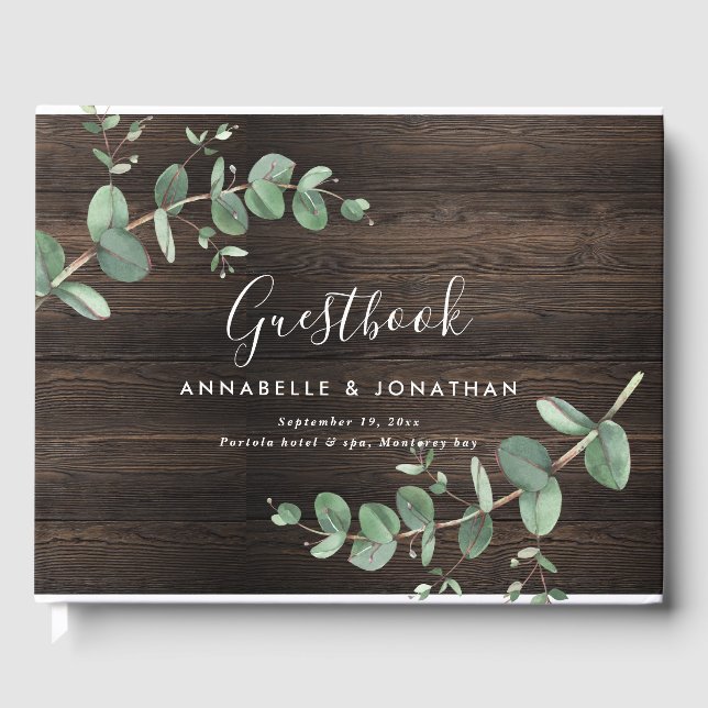 Modern dark wood eucalyptus rustic simple guest book (Front)