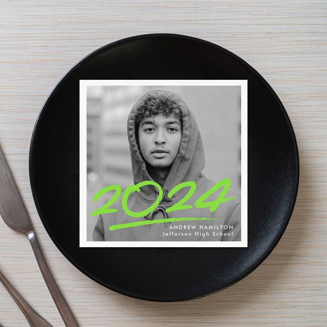 Modern Dashed 2025 Lime Green Photo Graduation Napkin (Creator Uploaded)