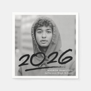Modern Dashed 2026 Black Photo Graduation Napkins