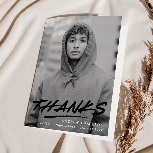 Modern Dashed Black Photo Graduation Thank You Card (Creator Uploaded)