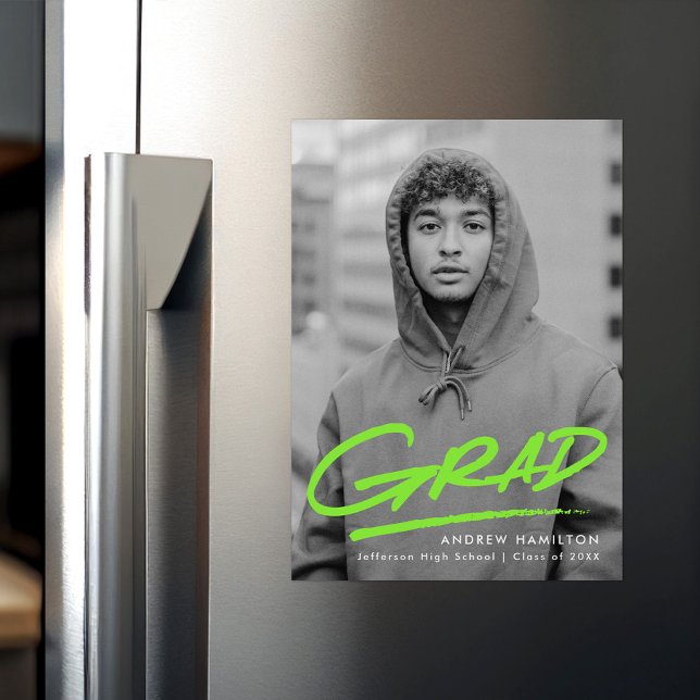 Modern Dashed Lime Green Photo Graduation Magnetic Invitation (Creator Uploaded)