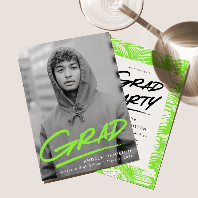 Modern Dashed Lime Green Photo Graduation Party Invitation (Creator Uploaded)