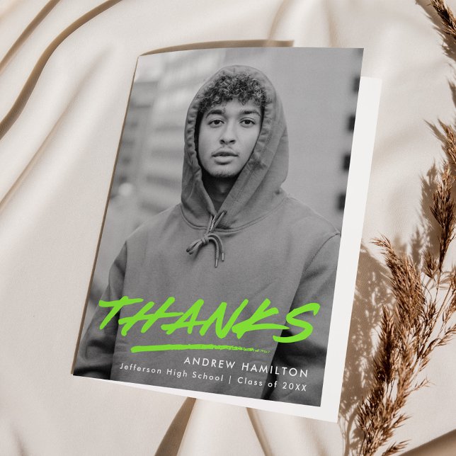 Modern Dashed Lime Green Photo Graduation Thank You Card (Creator Uploaded)