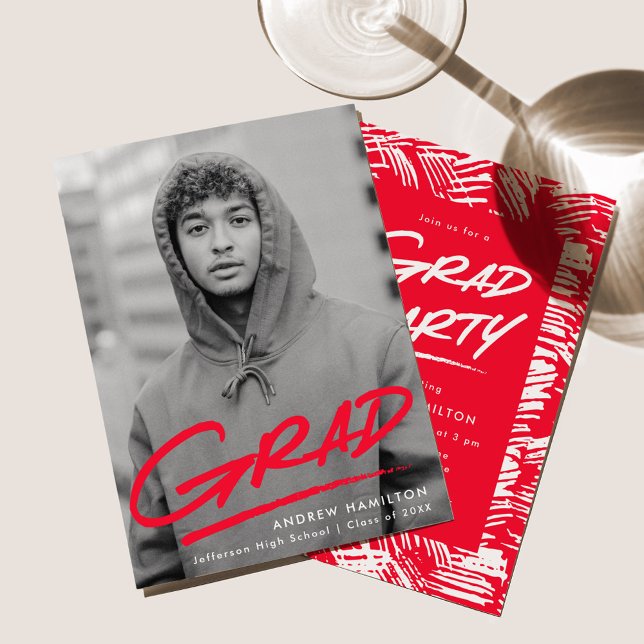 Modern Dashed Red Photo Graduation Party Invitation (Creator Uploaded)