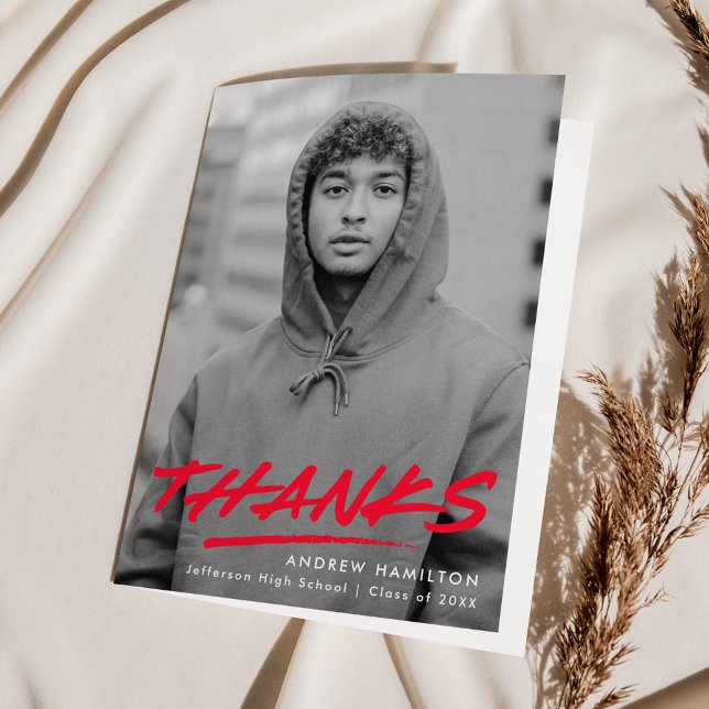 Modern Dashed Red Photo Graduation Thank You Card (Creator Uploaded)