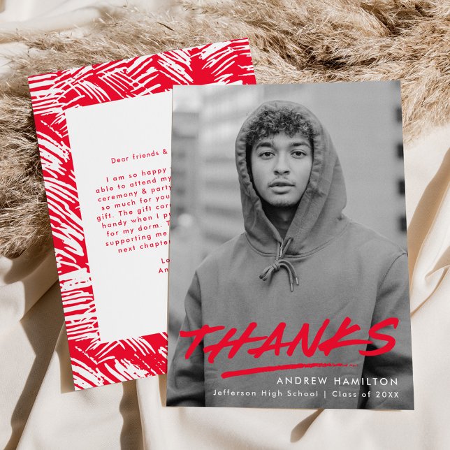 Modern Dashed Red Photo Graduation Thank You Card (Creator Uploaded)