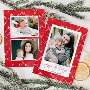 Modern Dashed Red Watercolor 3 Photo Holiday Card