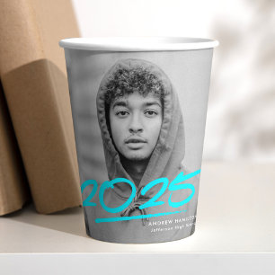 Modern Dashed Turquoise 2025 Photo Graduation Paper Cups