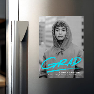 Modern Dashed Turquoise Photo Graduation Magnetic Invitation