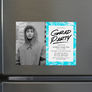 Modern Dashed Turquoise Photo Graduation Party Magnetic Invitation