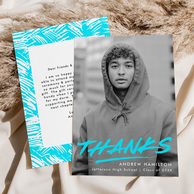 Modern Dashed Turquoise Photo Graduation Thank You Card (Creator Uploaded)
