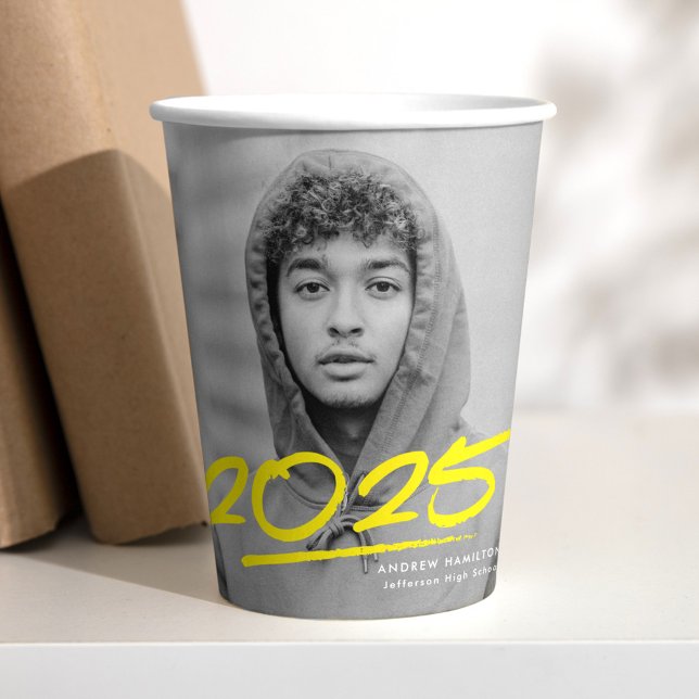 Modern Dashed Yellow 2025 Photo Graduation Paper Cups (Creator Uploaded)