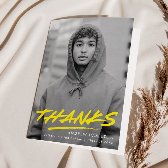 Modern Dashed Yellow Photo Graduation Thank You Card (Creator Uploaded)