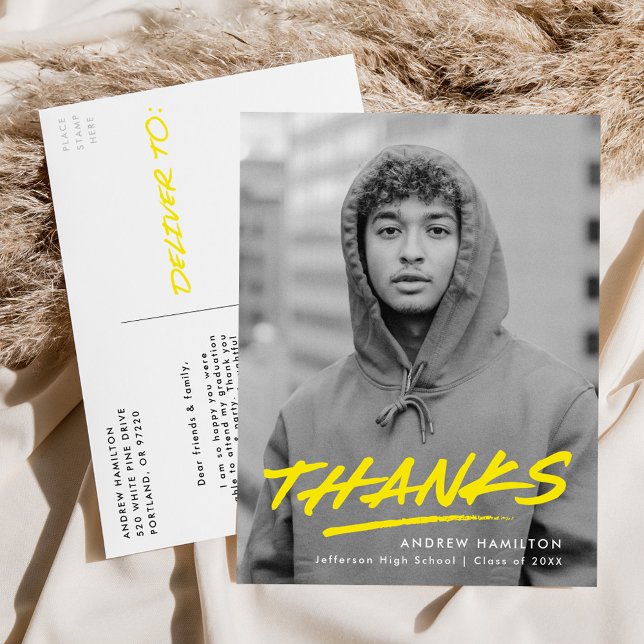 Modern Dashed Yellow Photo Graduation Thank You Postcard (Creator Uploaded)