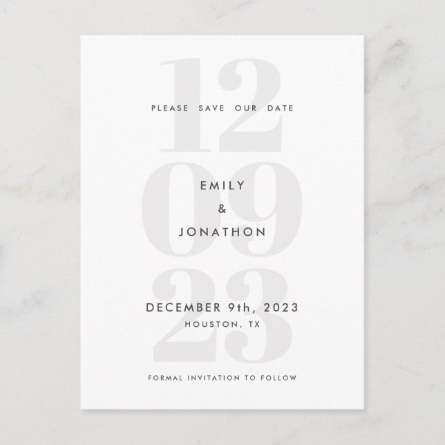 Modern Date Numeral Typography Grey Announcement Postcard (Front)