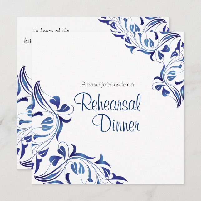 Modern Day Dark Blue Floral - Rehearsal Dinner Invitation (Front/Back)