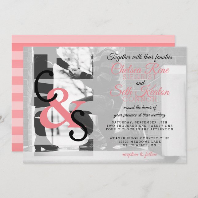 Modern Day Love Wedding Invitation - Coral (Front/Back)
