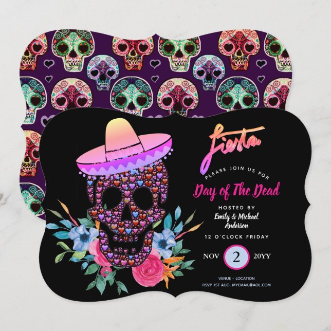 Modern Day of The Dead Fiesta Invites Pink Black (Front/Back)