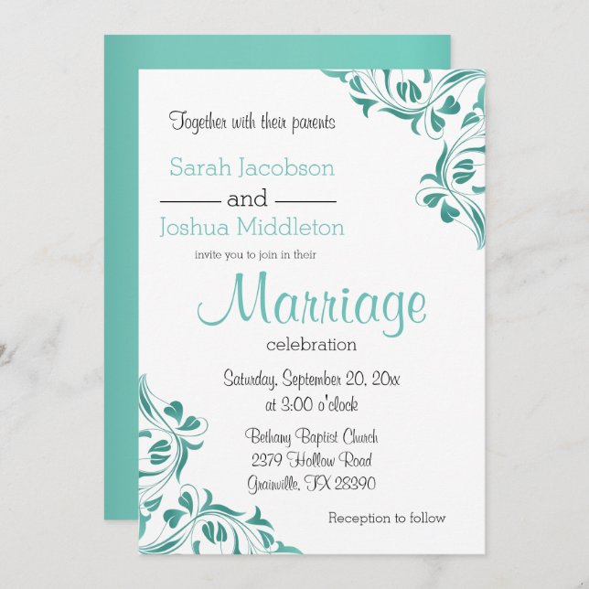 Modern Day Teal Floral Scroll Invitation (Front/Back)