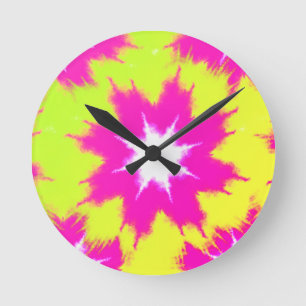 Modern Dazzle Rose Green Yellow Tie Dye Round Clock