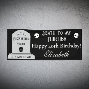Modern Death to My 30s Black 40th Birthday Party Banner