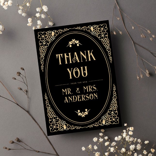 Modern Deco Art Black and Gold Faux Wedding Photo Thank You Card (Creator Uploaded)