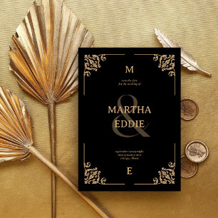 Modern Deco   Black and Gold Photo Back Wedding Save The Date