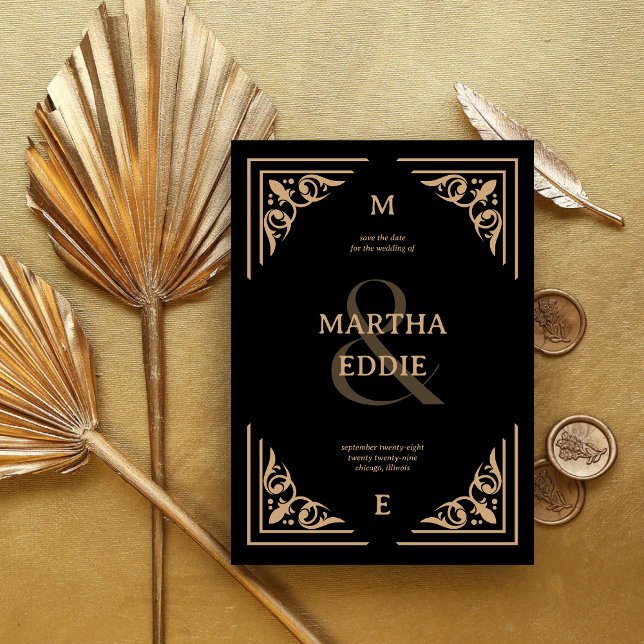 Modern Deco | Black and Gold Photo Back Wedding Save The Date (Creator Uploaded)