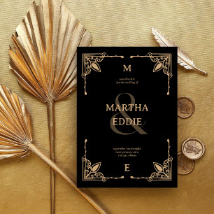 Modern Deco   Black and Gold Photo Back Wedding Save The Date